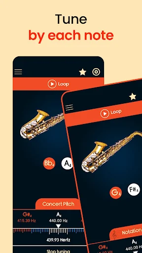 Tune by each note feature showing dual saxophone interface with note selection buttons and frequency readings for precise tuning