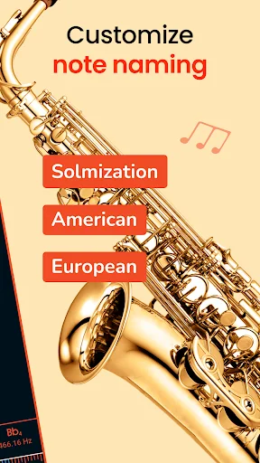Customize note naming settings screen displaying solmization, American, and European notation options for saxophone tuner preferences