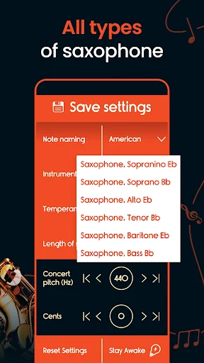 All types of saxophone selection menu showing soprano, alto, tenor, baritone, and bass saxophone options with save settings feature