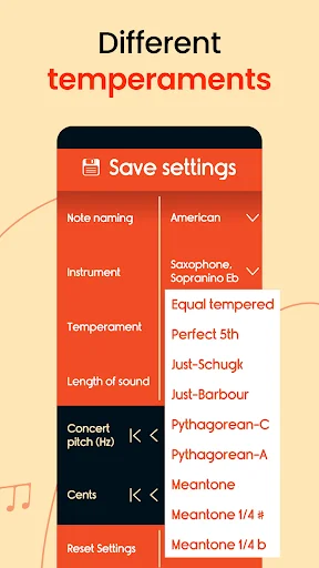 Different temperaments selection screen showing equal tempered, Perfect 5th, Just-Schugk, Pythagorean and Meantone tuning options