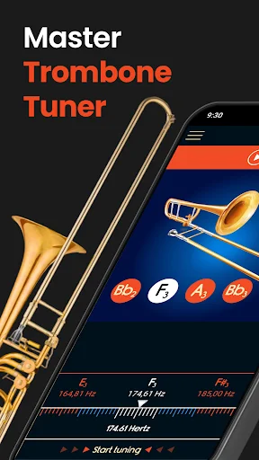 Master Trombone Tuner app main screen with golden trombone image and musical note buttons for tuning brass instrument