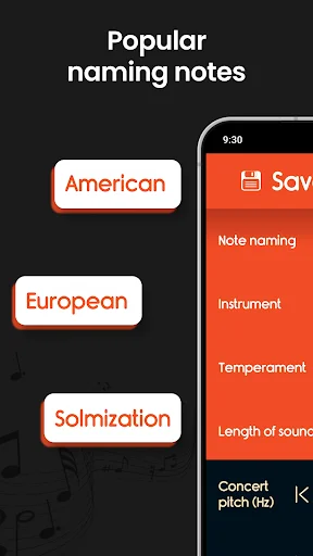 Popular note naming conventions screen with American, European, and Solfization options for trombone tuning app