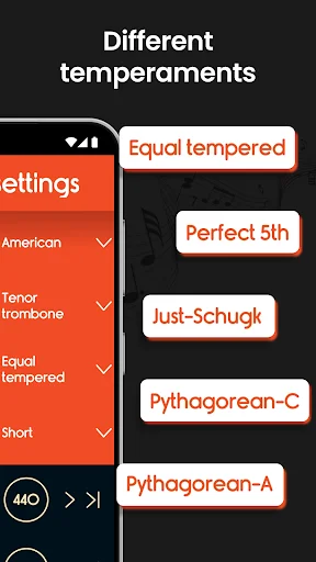 Different temperament selection menu featuring Equal tempered, Perfect 5th, Just-Schunk, and Pythagorean options