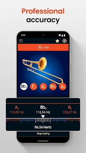 Professional trombone tuner displaying frequency measurements in Hertz with precision tuning controls and note buttons