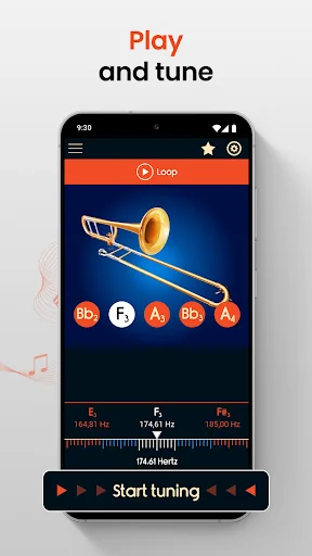 Play and tune interface with trombone illustration, musical note selection buttons, and start tuning controls