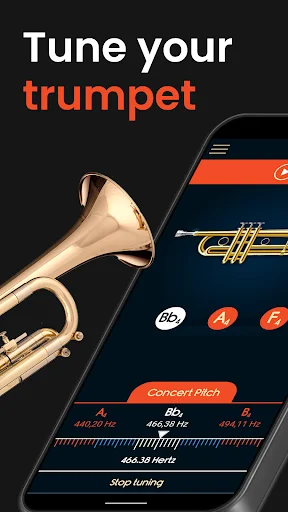 Master Trumpet Tuner app main screen with golden trumpet image, showing note buttons Bb, A, F and concert pitch tuning
