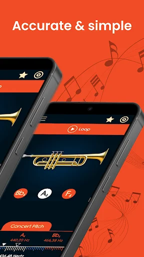 Accurate trumpet tuning app interface on multiple phones with golden trumpet graphic and musical note buttons for tuning