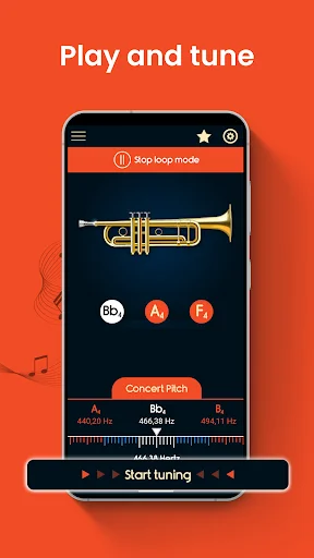 Play and tune feature in Master Trumpet Tuner showing concert pitch settings, frequency display, and start tuning button