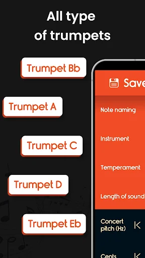 Trumpet type selection menu showing Bb, A, C, D, and Eb trumpet options with settings panel for instrument customization