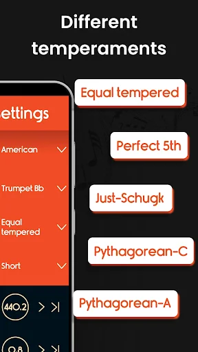 Temperament settings in trumpet tuner app displaying Equal tempered, Perfect 5th, Just-Schurig, and Pythagorean options