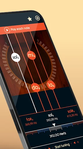 Master Ukulele Tuner app main interface showing chromatic tuner with frequency display, string notes, and play button