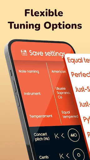 Flexible tuning options screen with save settings, note naming preferences, temperament and concert pitch controls