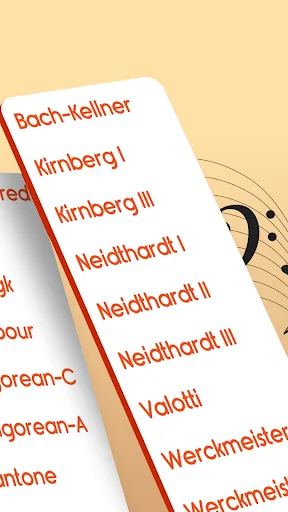 Musical temperament selection menu displaying Bach-Kellner, Kirnbergi, Neidhardt and other historical tuning systems