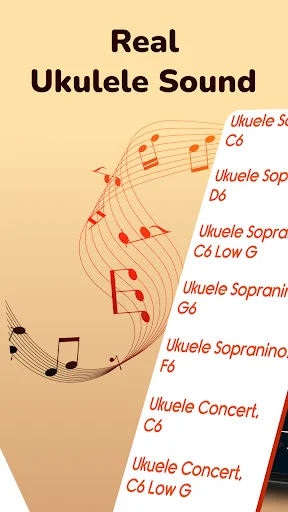 Real ukulele sound library showing different ukulele types: soprano, concert sizes with authentic audio samples