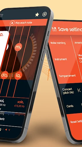 Dual phone view of Master Ukulele Tuner showing main tuner interface and settings menu side by side
