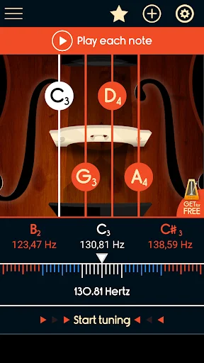 Master Viola Tuner app main tuning screen showing viola strings C3, G3, D4, A4 with frequency display and start tuning button