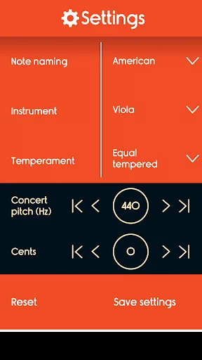 Master Viola Tuner settings screen with note naming, instrument selection, temperament options and concert pitch controls