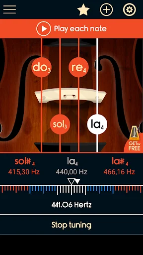 Master Viola Tuner active tuning mode displaying sol#4, la4, la#4 notes with frequencies and stop tuning button for viola