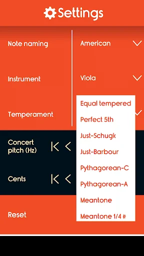 Master Viola Tuner temperament settings menu showing equal tempered, perfect 5th, just-schaadt and other tuning options