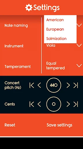 Master Viola Tuner note naming settings showing American, European, and solmization notation system options