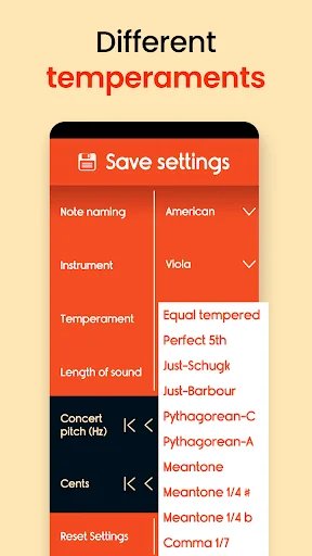 Master Viola Tuner temperament settings dropdown showing various tuning systems including Equal tempered, Just intonation, and Pythagorean temperaments