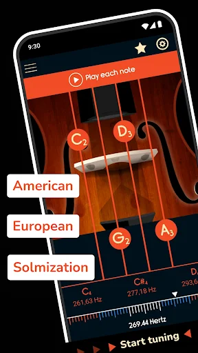 Master Violin Tuner app main screen showing violin strings C, D, G, A with tuning notation options American, European, Solmization