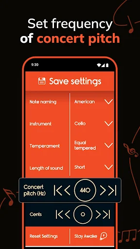 Advanced concert pitch settings with temperament options, note naming systems, and frequency customization controls