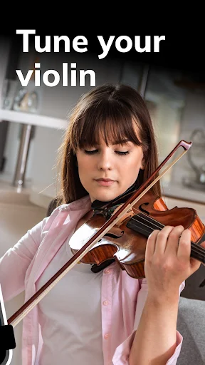 Young woman playing violin with bow - Master Violin Tuner app promotional image for quick violin tuning