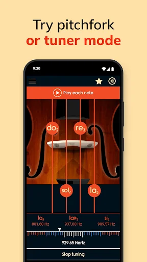 Violin tuner app interface with pitchfork and tuner mode options, displaying string frequencies and tuning controls