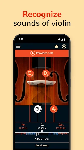 Master Violin Tuner sound recognition feature showing violin strings with frequency detection and audio analysis