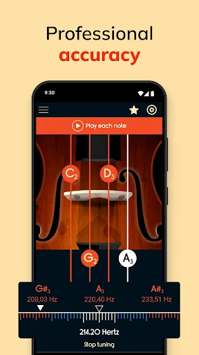 Professional violin tuning accuracy display with precise frequency measurements 208.03 Hz, 220.40 Hz, 233.51 Hz