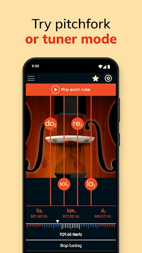 Pitchfork and tuner mode selection screen with violin string frequency display and tuning measurement tools
