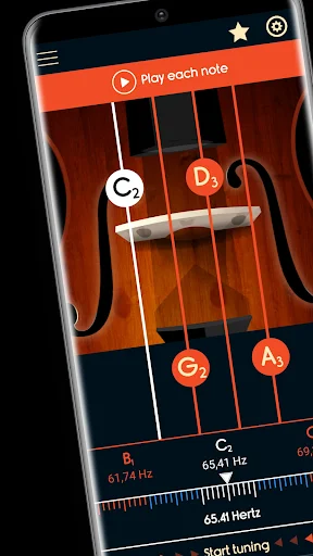 Master Violoncello Tuner app interface showing cello strings C, G, D, A with frequency display and play note feature