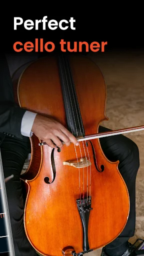 Perfect cello tuner app promotional image featuring professional cellist with cello and bow for music tuning