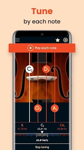 Cello tuner app screen displaying tune by each note feature with string frequencies and visual cello interface