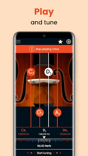 Master Violoncello Tuner play and tune mode showing stop playing notes button and real-time frequency detection
