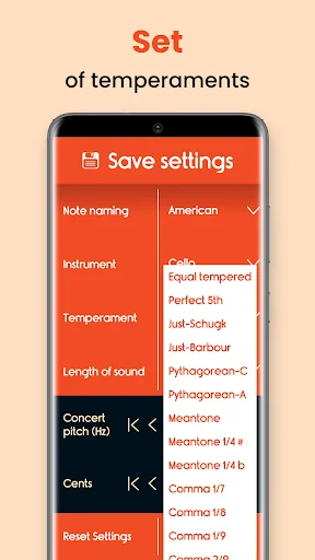 Cello tuner settings menu with temperament options, note naming systems, and customizable tuning preferences