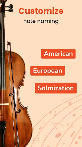 Cello tuner note naming customization screen offering American, European, and Solmization notation systems