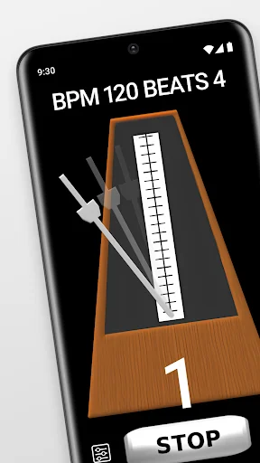 Metronome app showing BPM 120 beats 4 with animated pendulum and STOP button for music timing practice