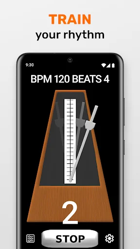 Train your rhythm screen showing metronome at BPM 120 beats 4 with pendulum animation and control buttons