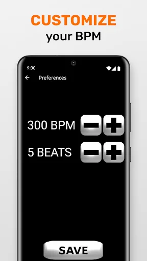 Customize BPM settings screen with 300 BPM and 5 beats options, plus and minus controls for tempo adjustment