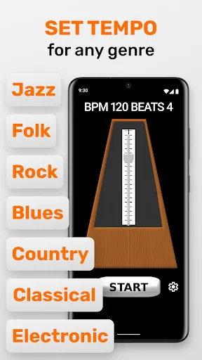 Set tempo for music genres - Jazz, Folk, Rock, Blues, Country, Classical, Electronic with metronome interface