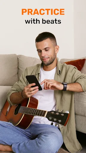 Musician practicing guitar with metronome app, demonstrating beat training and rhythm development features