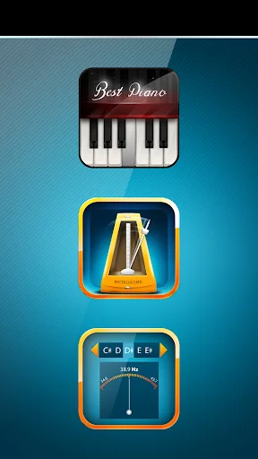 Metronome Tuner Learn Piano app home screen with three main features: Best Piano keyboard, metronome timer, and tuner icons