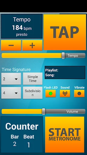 Piano metronome interface showing 184 BPM tempo control with TAP button, time signature settings, and START METRONOME button