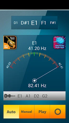 Guitar tuner screen displaying E1 note at 82.41 Hz with circular tuning gauge and note selection buttons for precise tuning