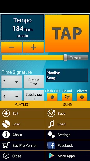 Metronome app menu showing playlist options, settings, load/save functions, and social sharing features for music practice