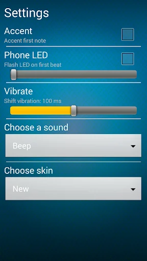 Settings screen for metronome tuner with accent controls, phone LED flash, vibration settings, and sound/skin customization