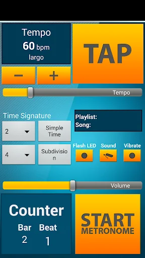 Metronome set to 60 BPM largo tempo with tap function, time signature controls, and volume slider for music practice sessions