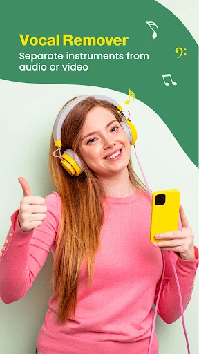 Vocal Remover app intro screen with woman wearing yellow headphones holding smartphone, promoting audio and video vocal extraction